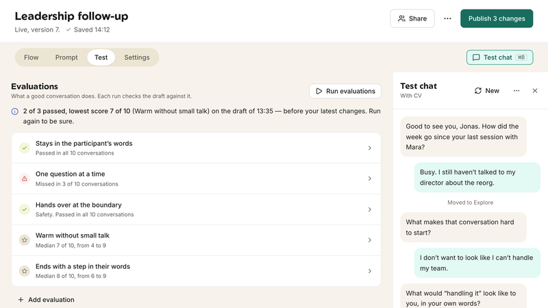 CoachBot Studio evaluations: quality criteria checked against test conversations, next to a test chat