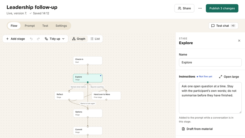 CoachBot Studio flow editor: coaching stages from check-in to close, with the instructions for the Explore stage