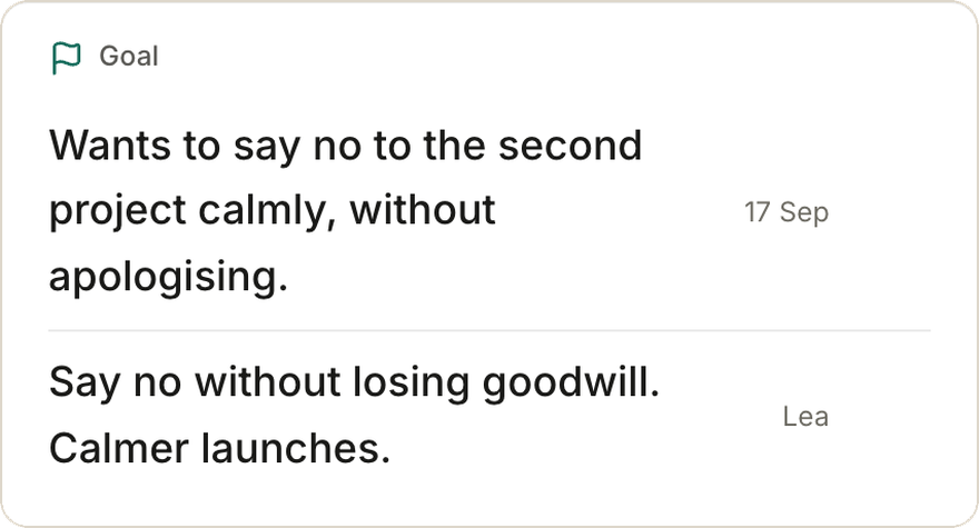 Coachee goal in CoachBot Studio: say no to a second project calmly, without apologizing
