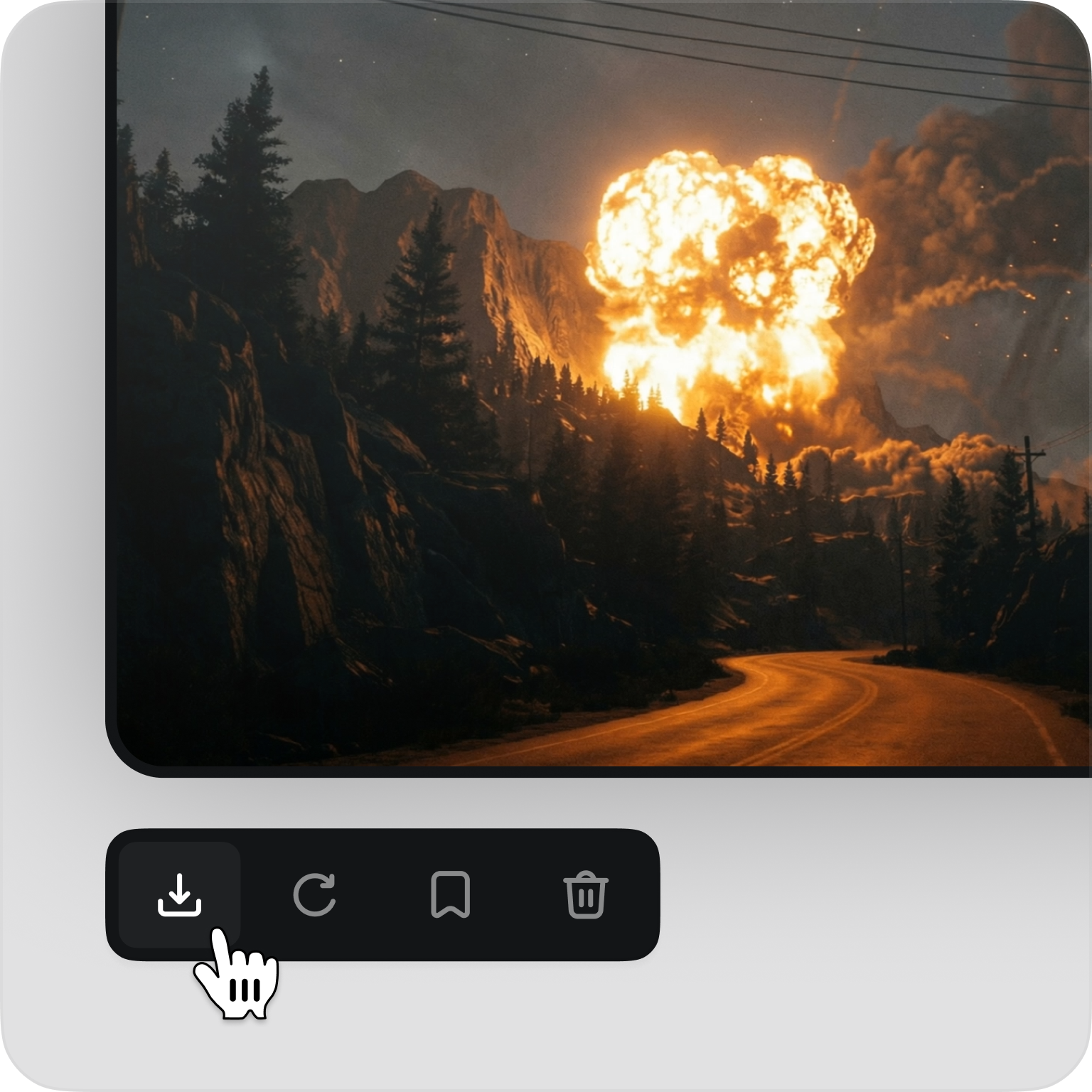 A large explosion lights up a mountainous landscape at night, with a winding road in the foreground and trees silhouetted against the flames.