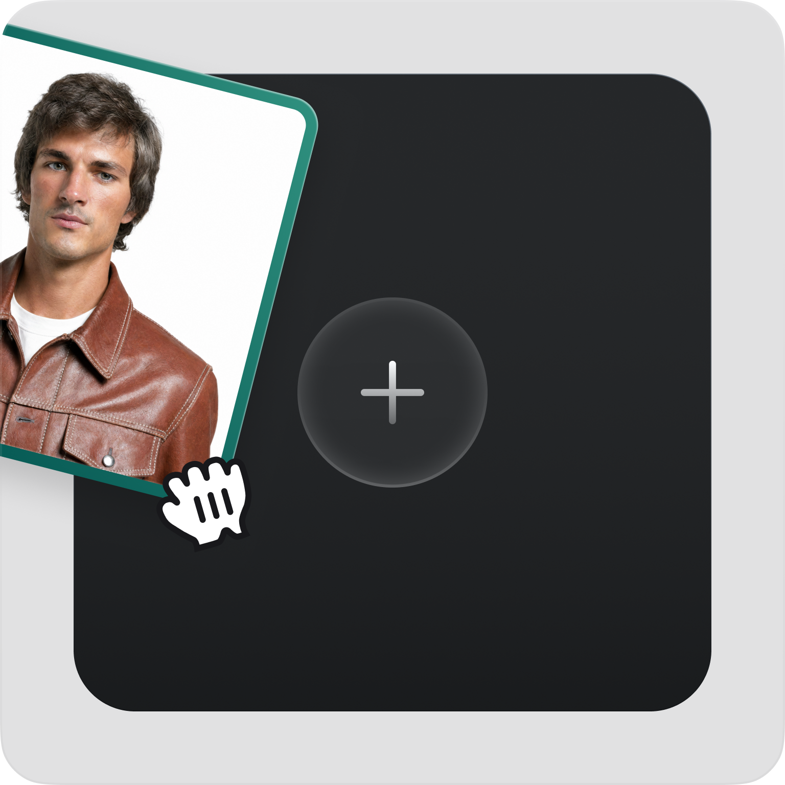 Man in a brown leather jacket on a card, over a dark interface with a plus sign and a hand icon.