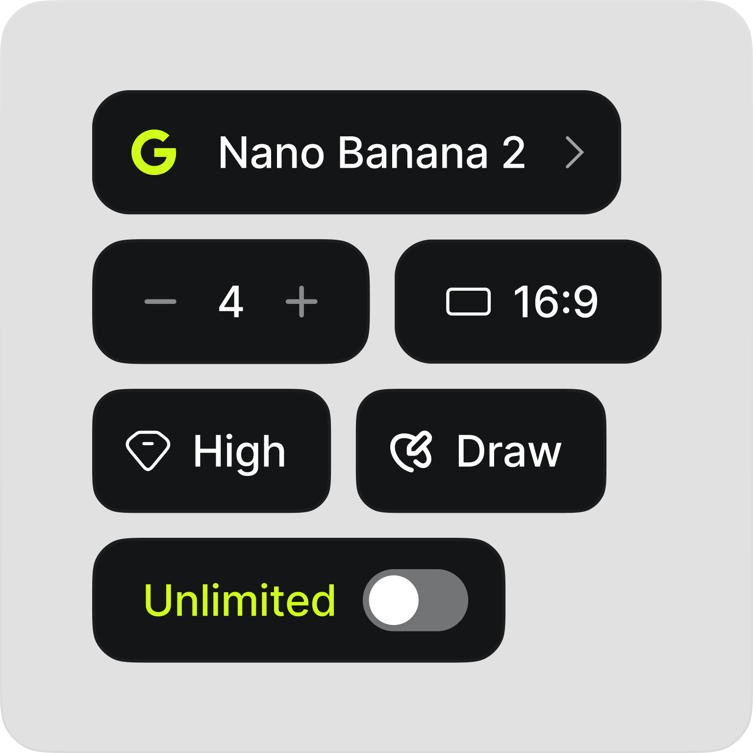 Interface with options: Nano Banana 2, zoom level, aspect ratio 16:9, quality High, Draw, and Unlimited toggle switch.
