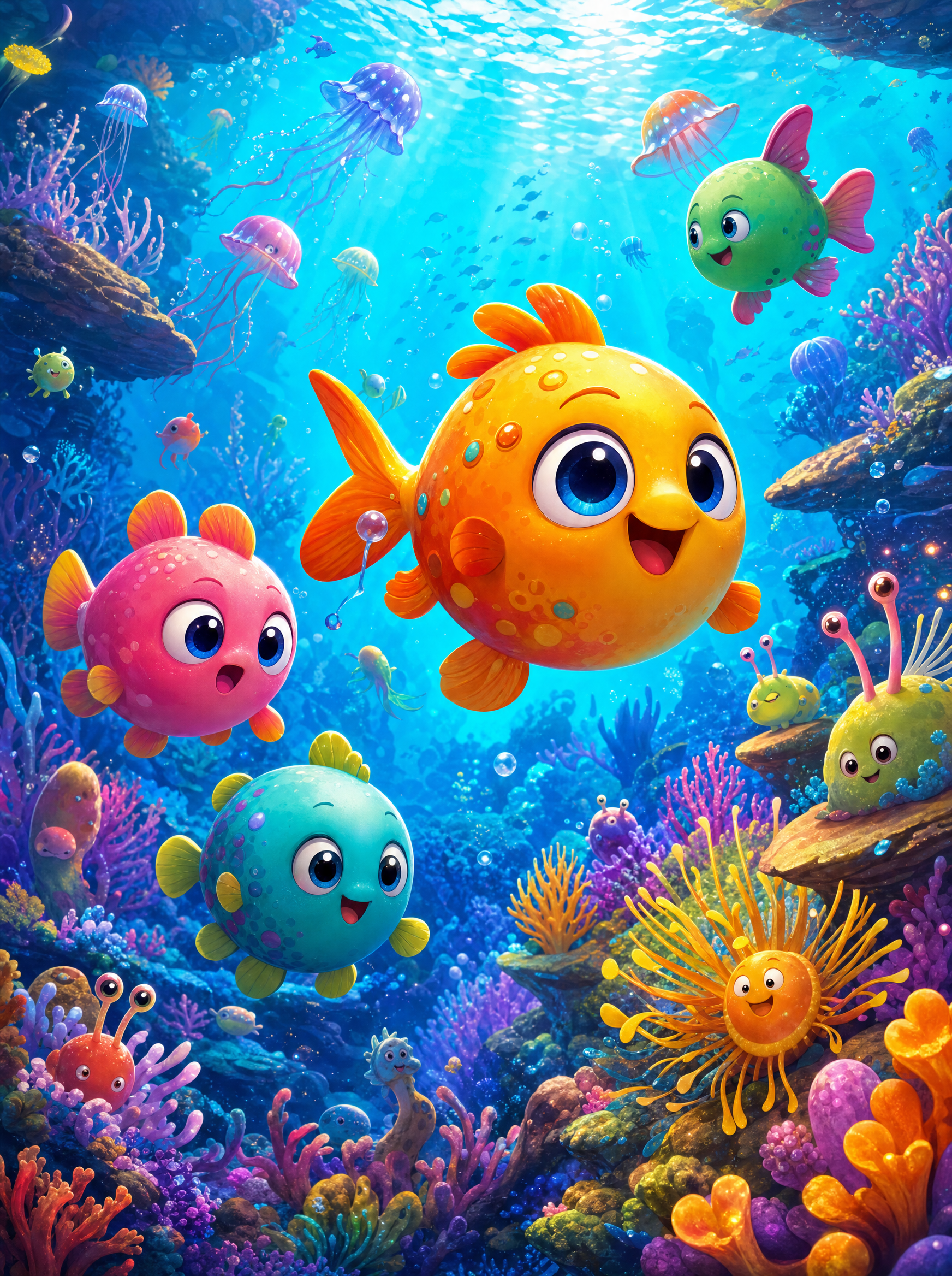 A vibrant, cartoon-style underwater coral reef with a large, smiling orange fish and several smaller, colorful sea creatures.