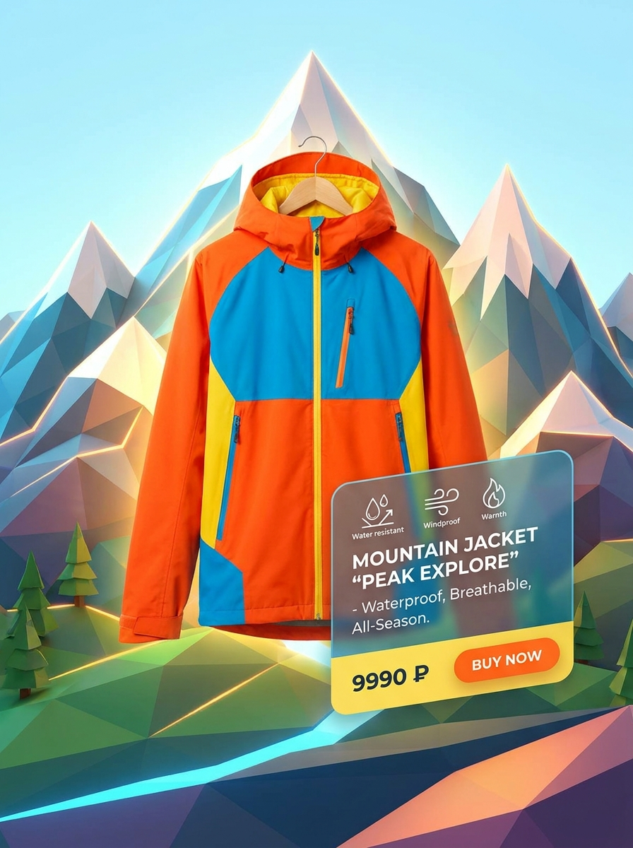 A brightly colored orange and blue mountain jacket is displayed against a stylized geometric landscape of snowy peaks and green trees, accompanied by a digital interface showcasing its waterproof and windproof features and a price of 9990 P1.