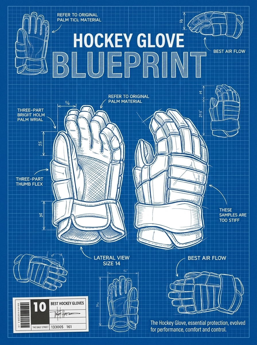 The image is a blue and white blueprint-style technical illustration of a hockey glove, featuring detailed lateral and palm views with annotated components and performance notes.