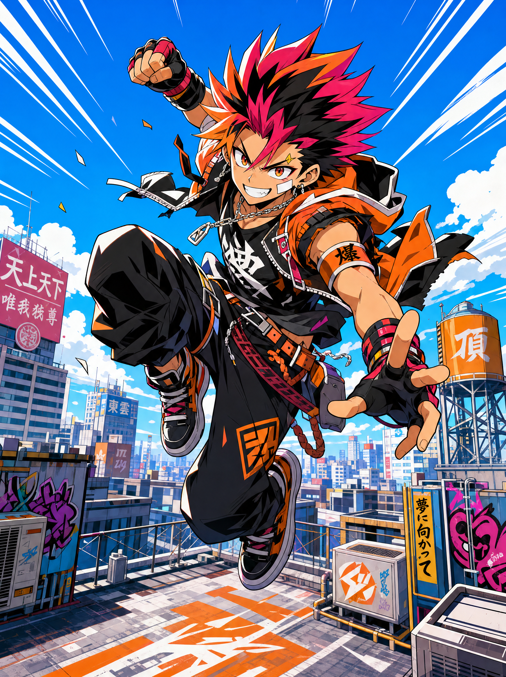 A high-energy, vibrant anime-style illustration of a spiky-haired male character leaping through the air above a dense cityscape. The scene features bold Japanese typography, stylized urban architecture with rooftops and power lines, and a dynamic composition emphasizing action and speed.