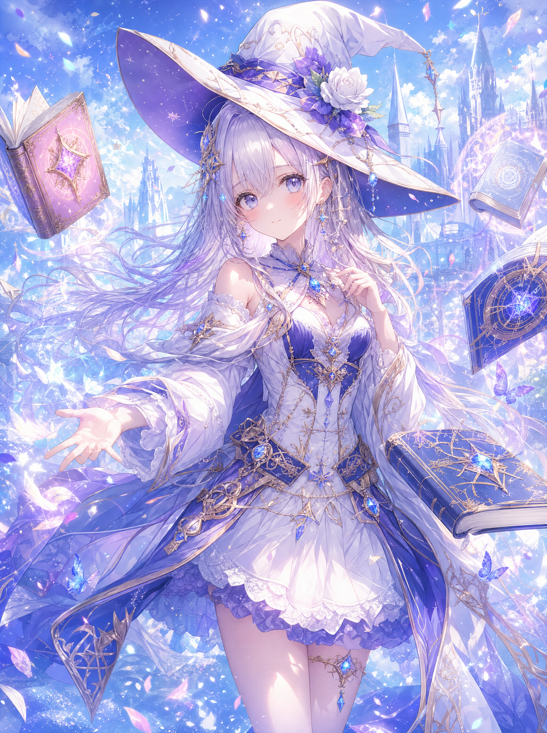 A beautiful silver-haired anime mage wearing a detailed white and purple witch's hat and dress stands amidst swirling magical energy and glowing blue butterflies. She is surrounded by several enchanted, floating spellbooks with a majestic crystalline castle visible in the background.