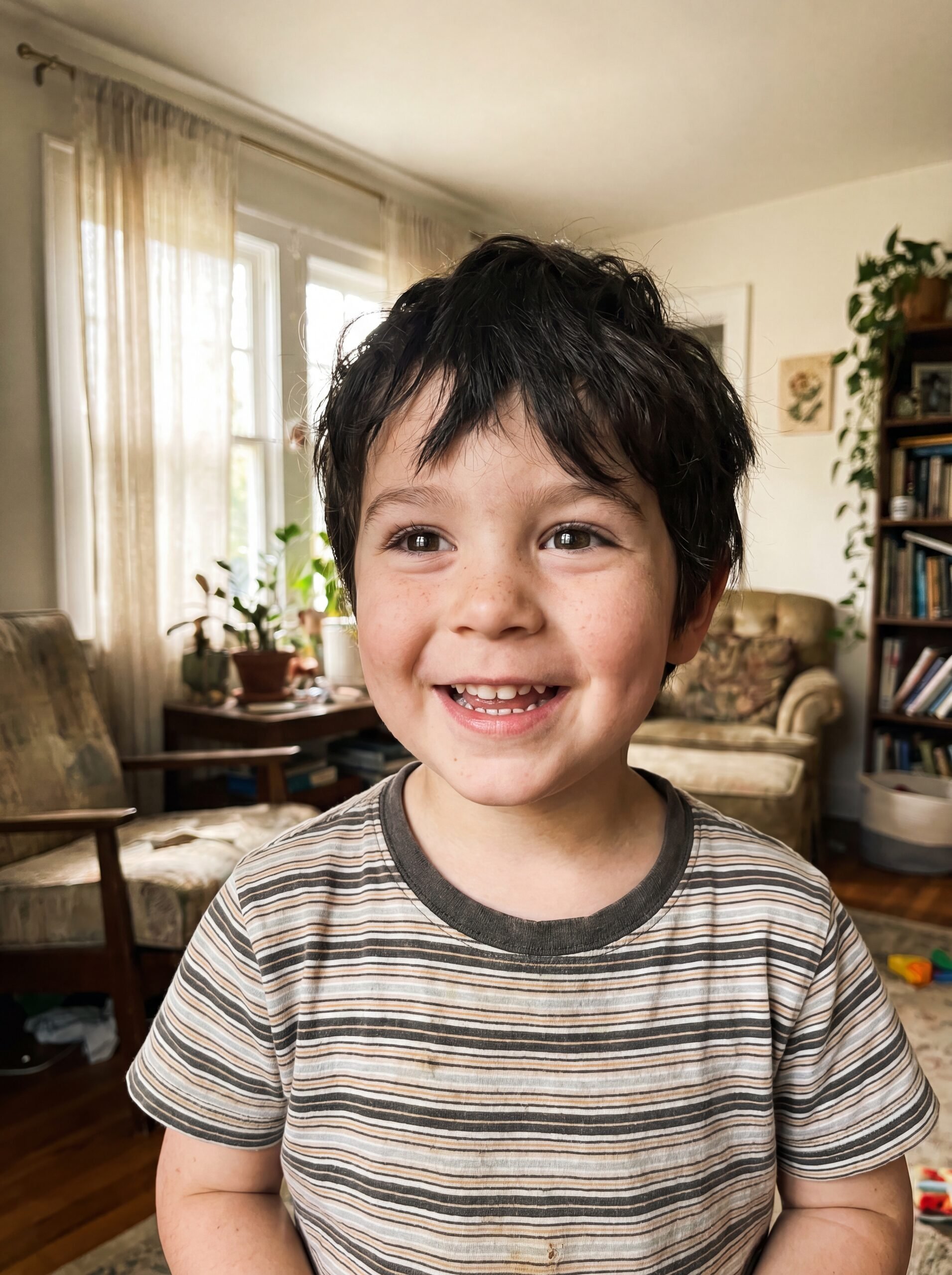Turn me into a little kid — show me as a 5-year-old, same face, just younger.