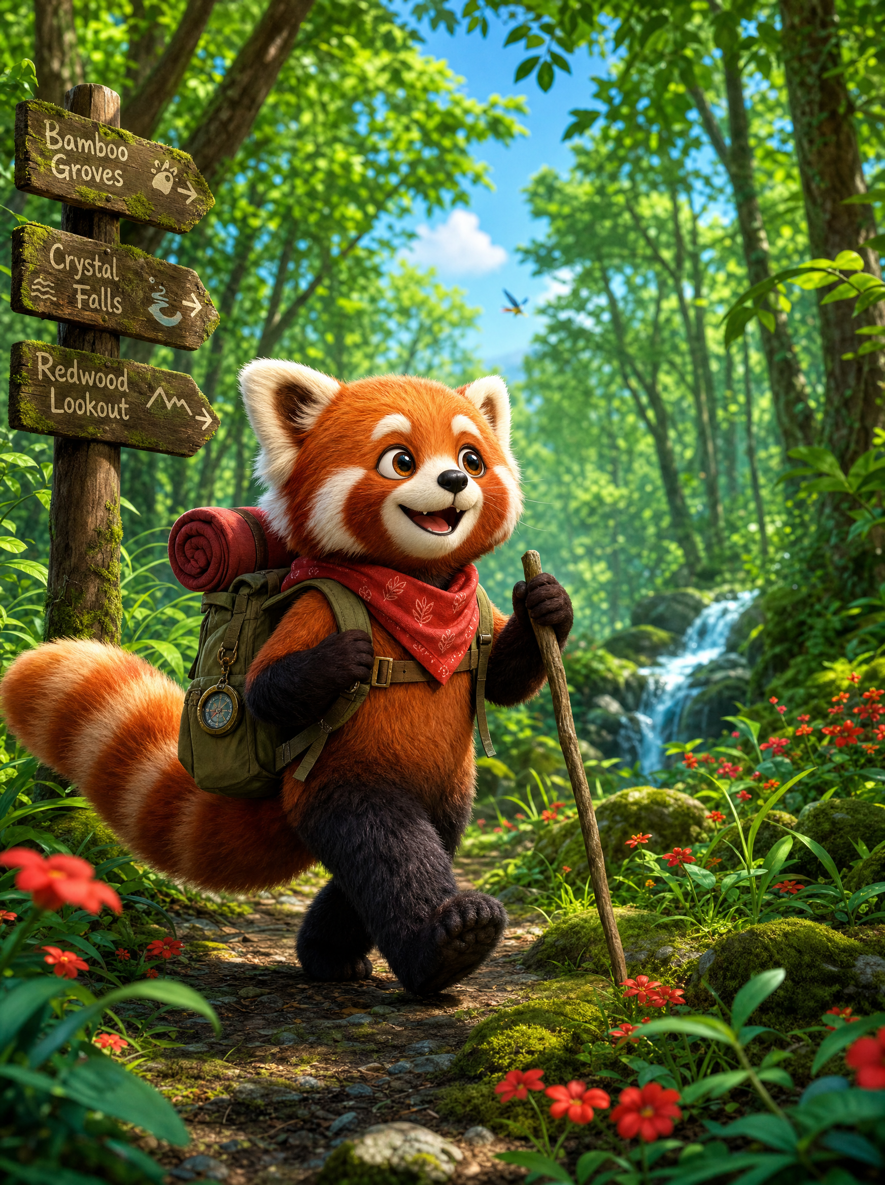 A red panda-like creature hiking in a forest with a backpack, walking stick, and a signpost pointing to Bamboo Groves, Crystal Falls, and Redwood Lookout