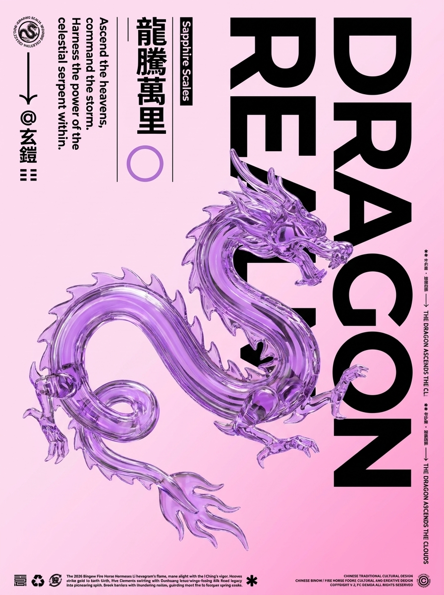 A translucent purple glass dragon in a serpentine pose is centered on a minimalist poster that features bold black typography and Traditional Chinese characters.