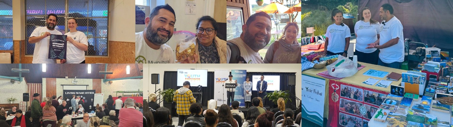 A collage of photos showing people from the team and volunteers at different events