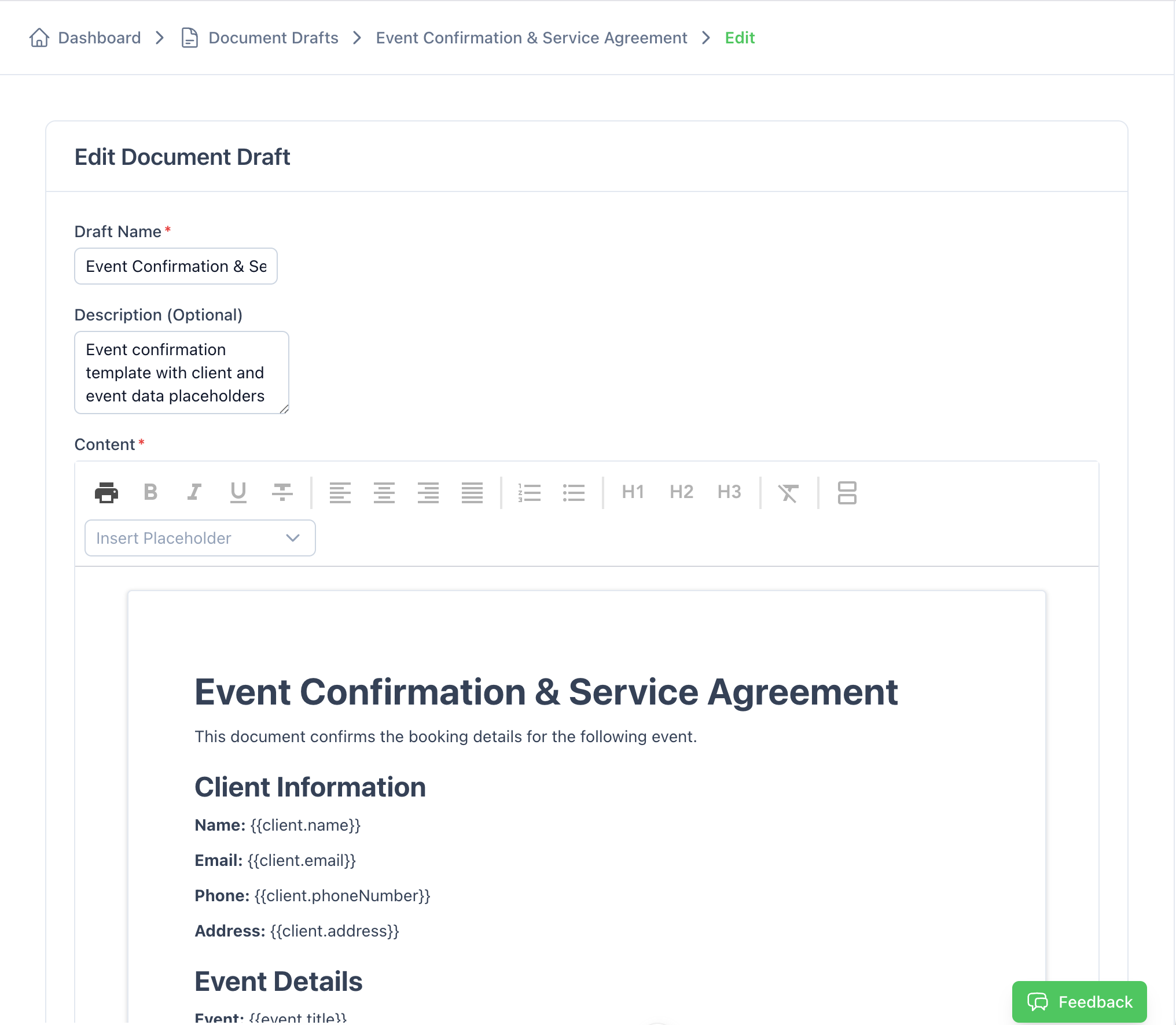 Editable document draft titled "Event Confirmation & Service Agreement" with client and event data placeholders.