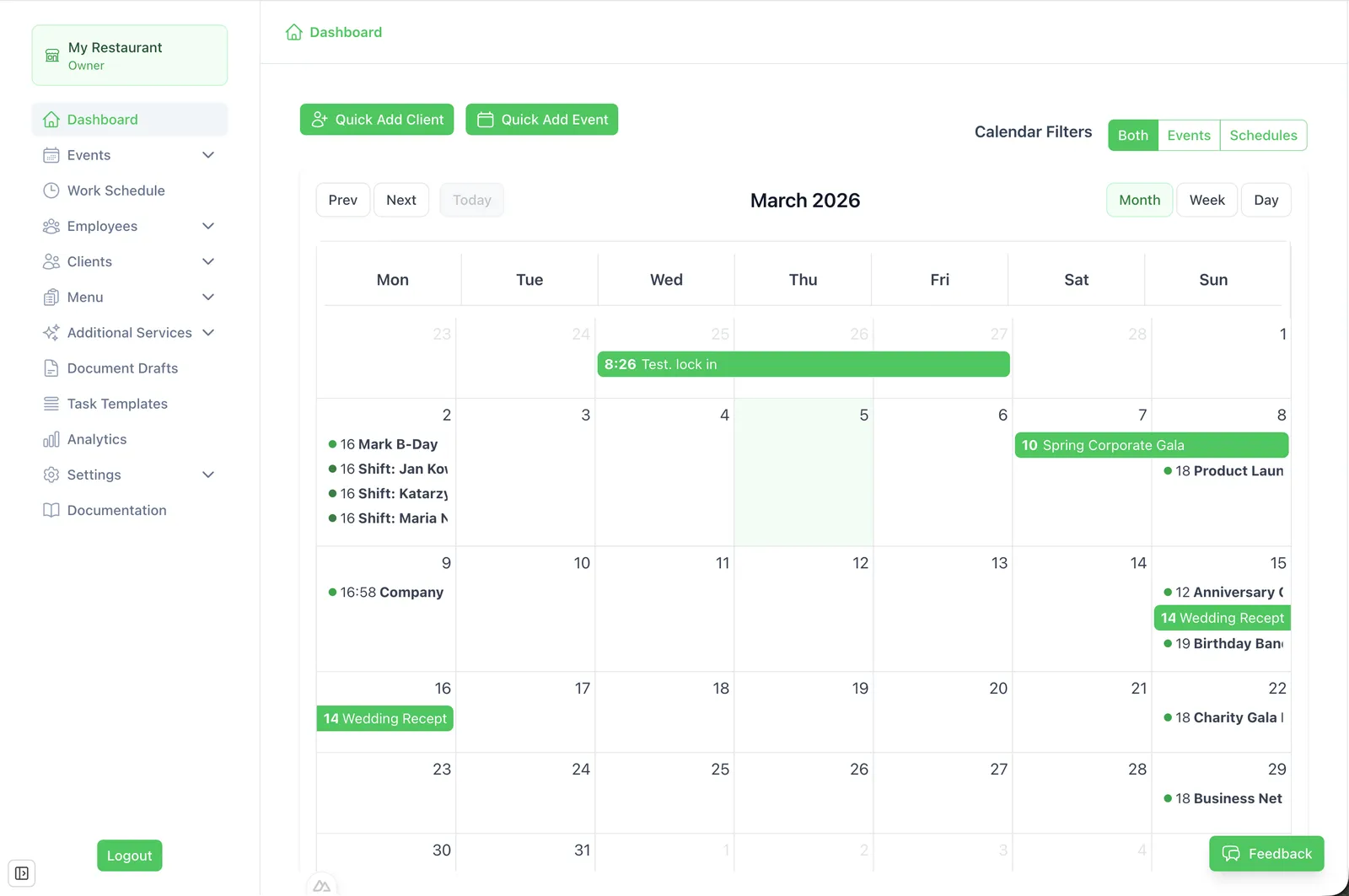 Restaurant management dashboard displaying a calendar for March 2026 with events like "Spring Corporate Gala" and "Wedding Reception" highlighted.
