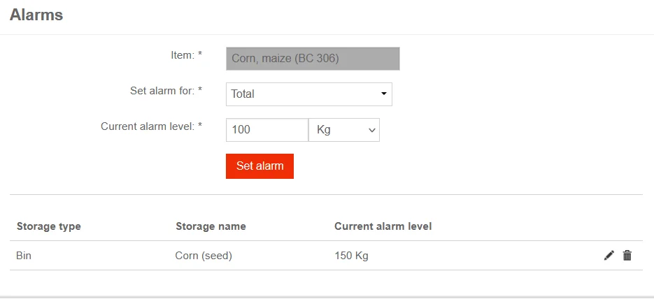 AGRIVI app showing inventory alarms
