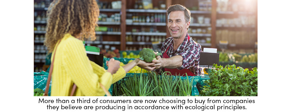 Illustration of farmer handing vegetables to consumer 