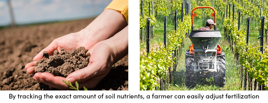 Image of hand grabbing soil and tractor collecting a harvest in vineyard