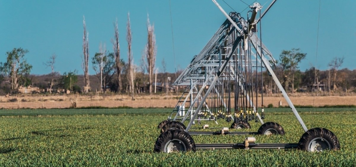 Pivot irrigation system in desert fields.