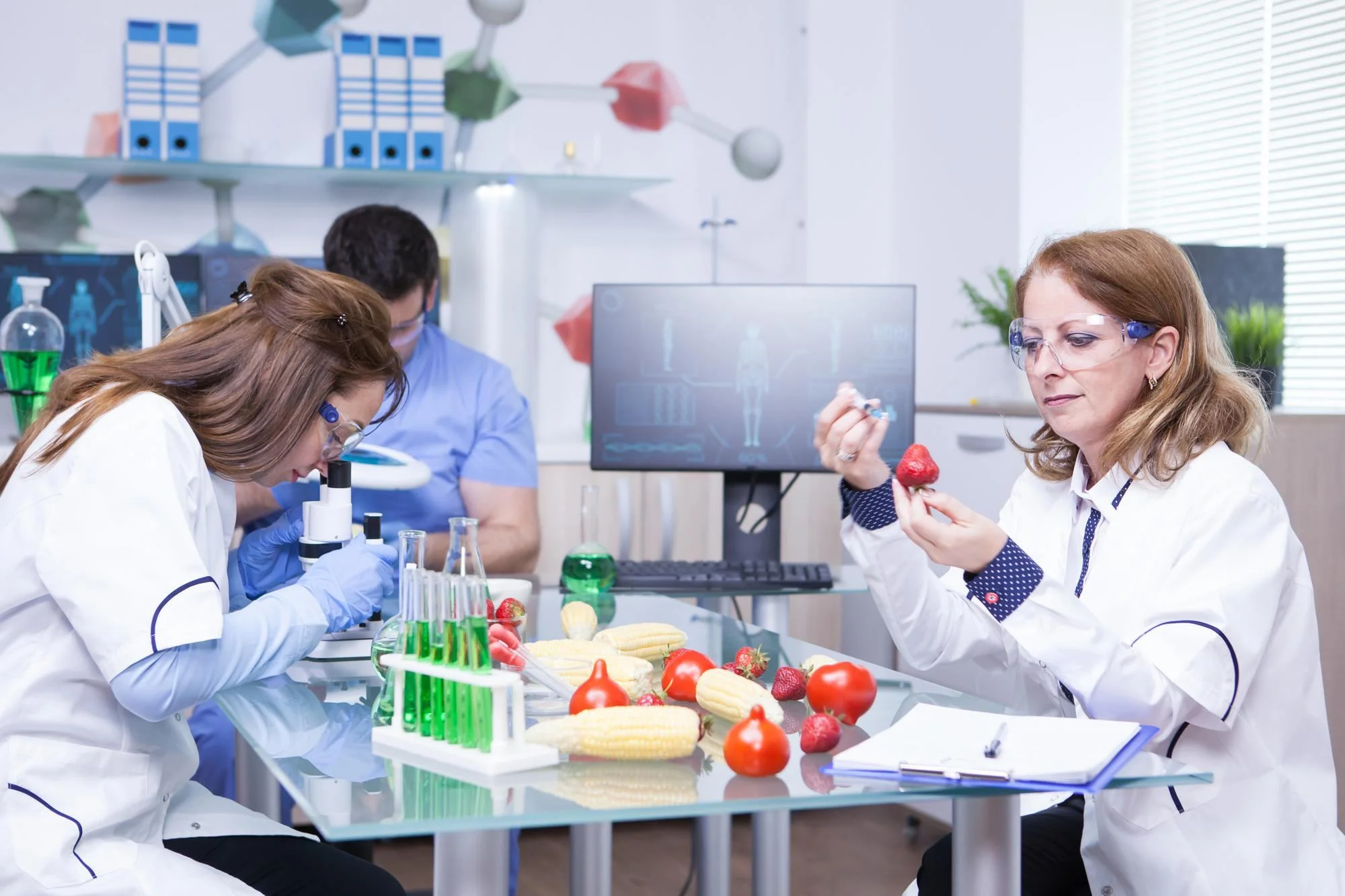 scientist conducting food analysis of a red vegitable