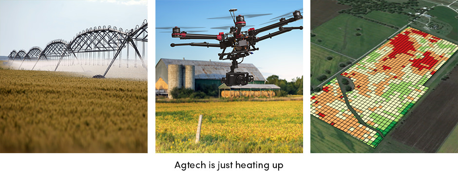 custom image showing irrigation on field, drone sensing and variable rate technology on a field 