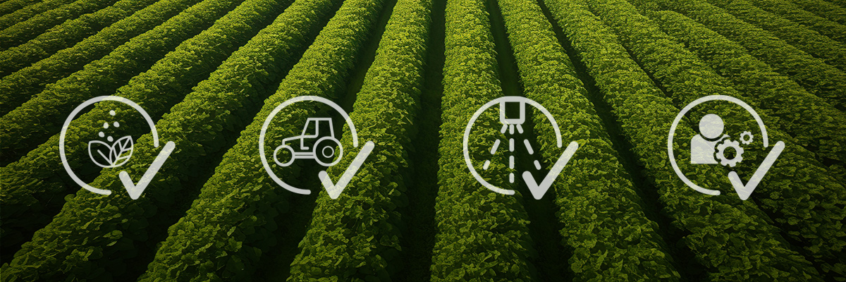 Four cost components of cost per hectare calculation: inputs, machinery, irrigation, and farm management - illustrated over a green crop field