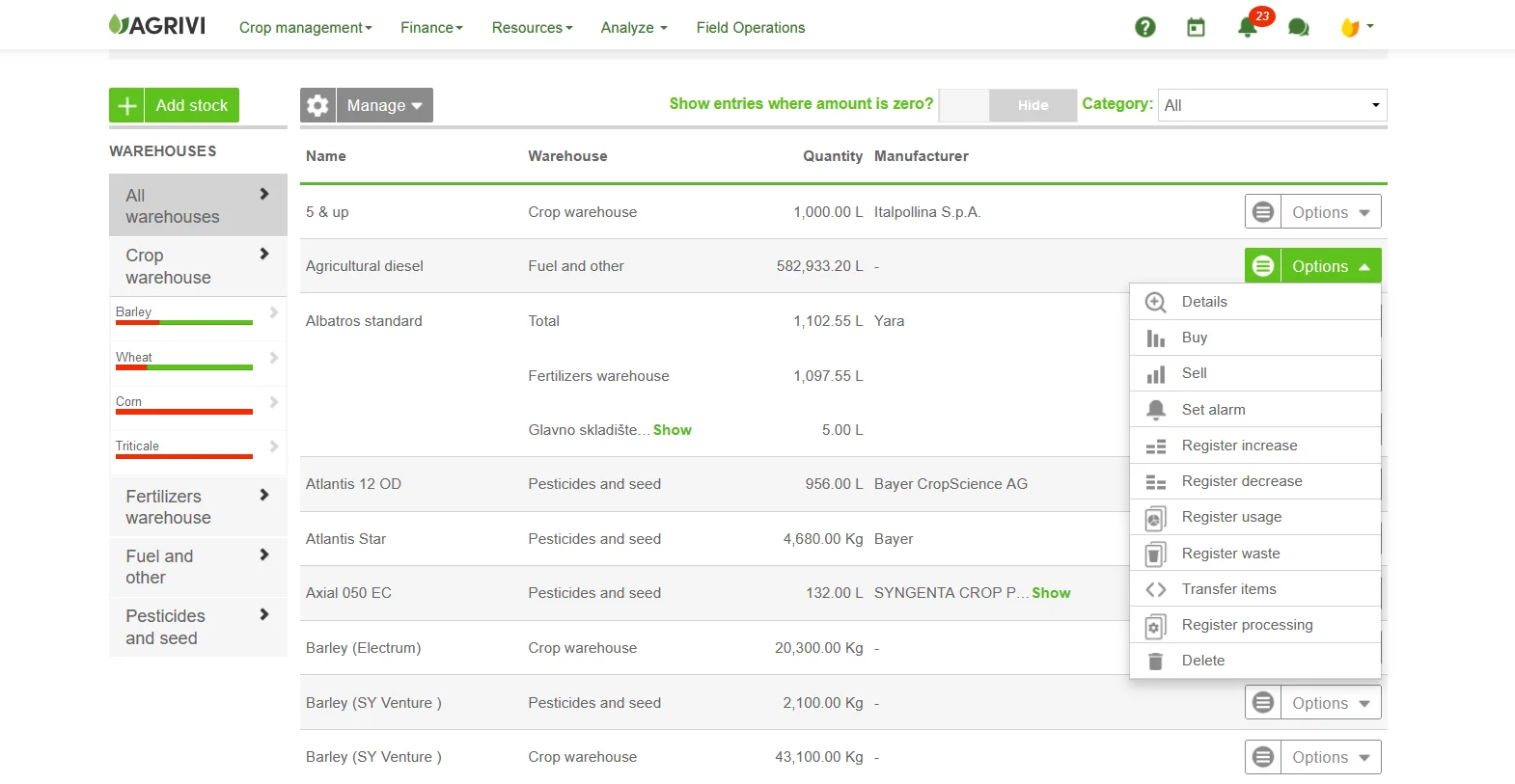 AGRIVI app showing inventory overview of all items currently in stock