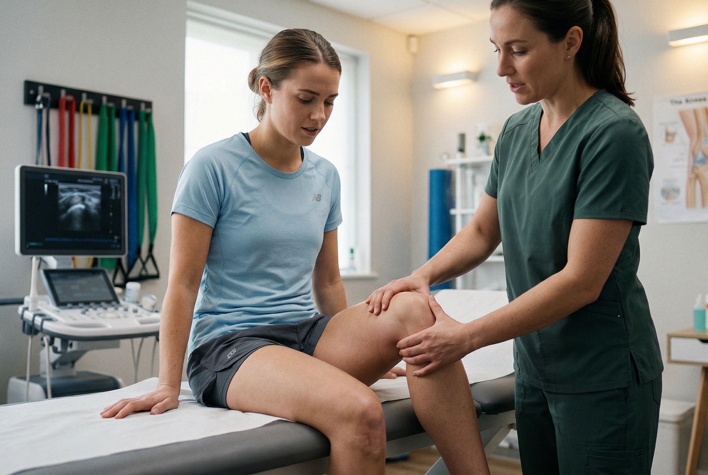 In einer Klinik untersucht eine Physiotherapeutin das Knie einer Patientin. Die Patientin sitzt auf einer Untersuchungsliege, der Therapeut trägt grüne OP-Kleidung.