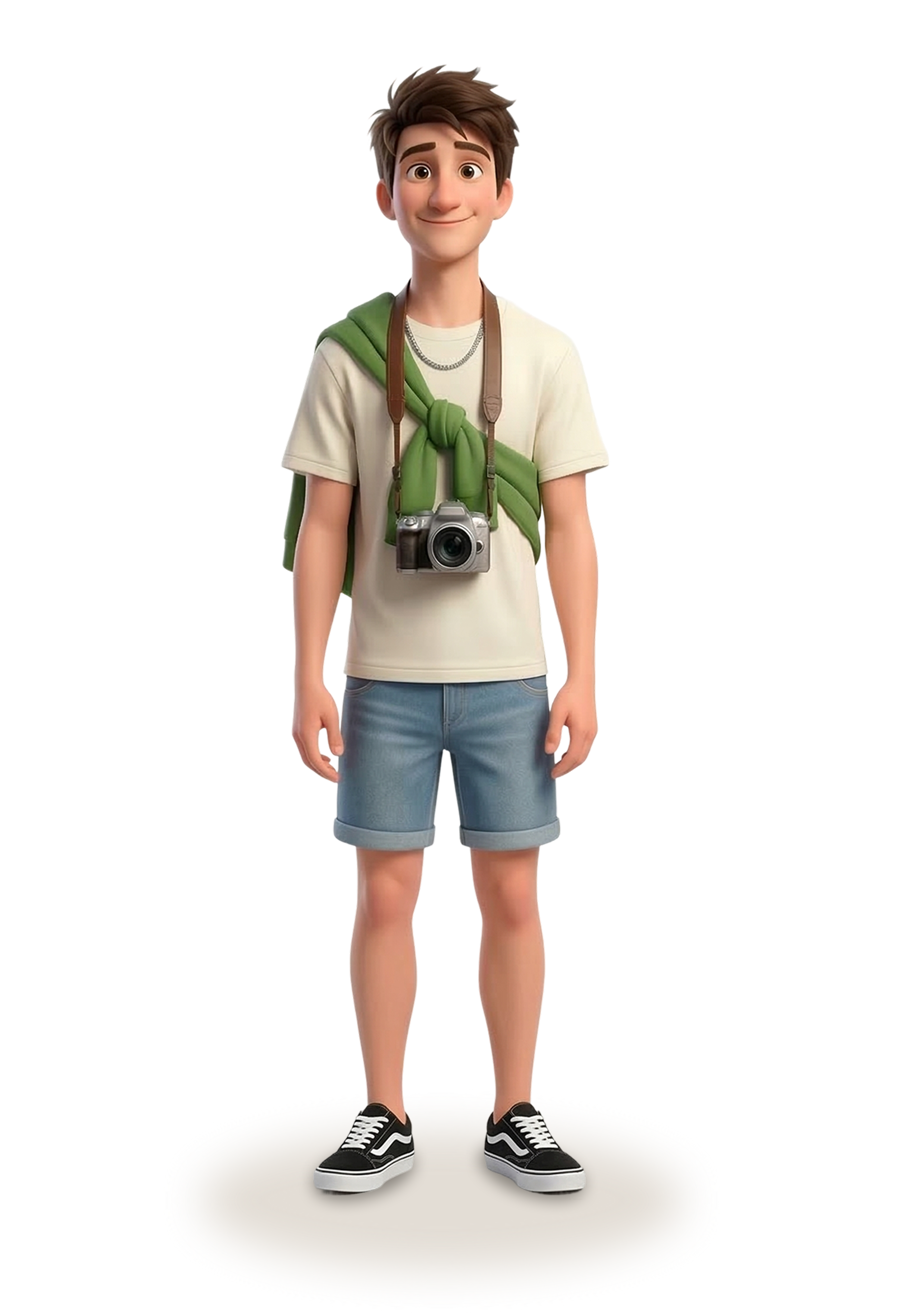 Eine animierte Figur lächelt, trägt ein weißes T-Shirt, Jeansshorts und Turnschuhe; über die Schulter gehängt hat sie eine Kamera und einen grünen Kapuzenpullover.