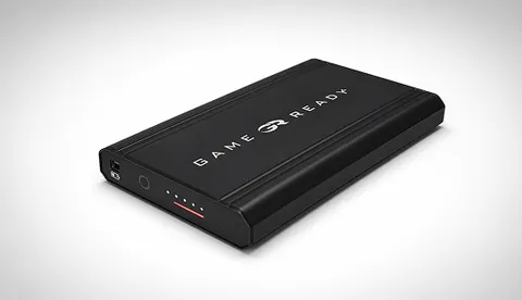 Black Game Ready external battery pack with LED charge-level indicator and connection port.