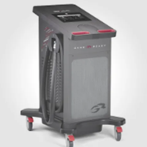 A gray Game Ready medical device on wheels with a hose and a touchscreen.