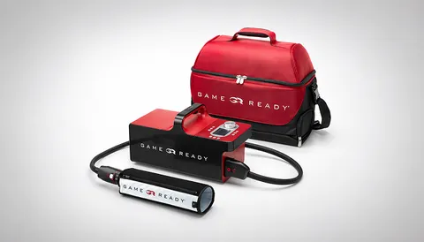 Game Ready recovery system with a control unit, red and black bag, and wrap.
