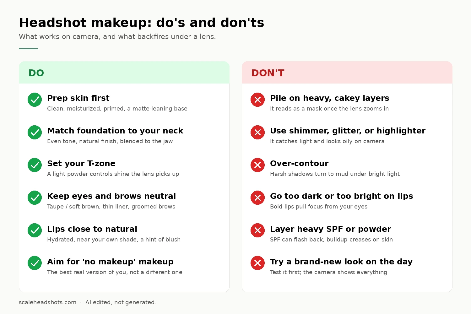 Two-column comparison titled 'Headshot makeup: do's and don'ts.' The green DO column: prep skin first, match foundation to your neck, set your T-zone, keep eyes and brows neutral, lips close to natural, aim for no-makeup makeup. The red DON'T column: heavy cakey layers, shimmer or glitter or highlighter, over-contouring, lips too dark or too bright, heavy SPF or powder, and trying a brand-new look on the day.