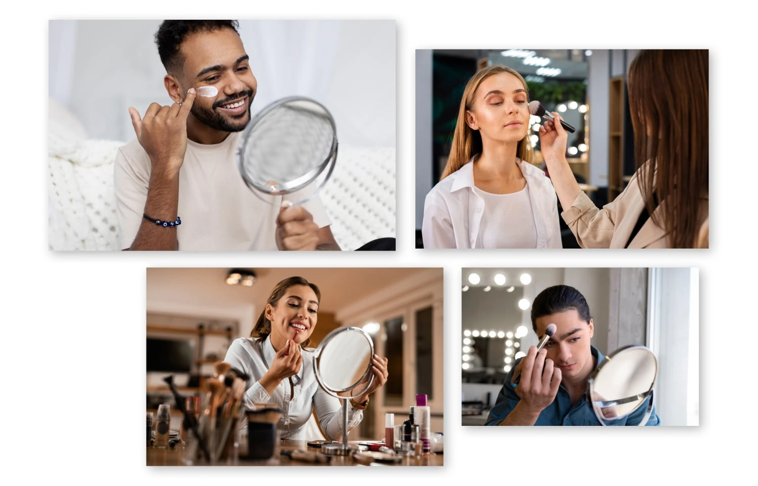 A four-photo collage of diverse people getting headshot-ready: a smiling man applying skincare with a hand mirror, a woman having powder applied by a makeup artist, a woman applying lipstick at a vanity, and a man applying makeup with a brush at a lit mirror.