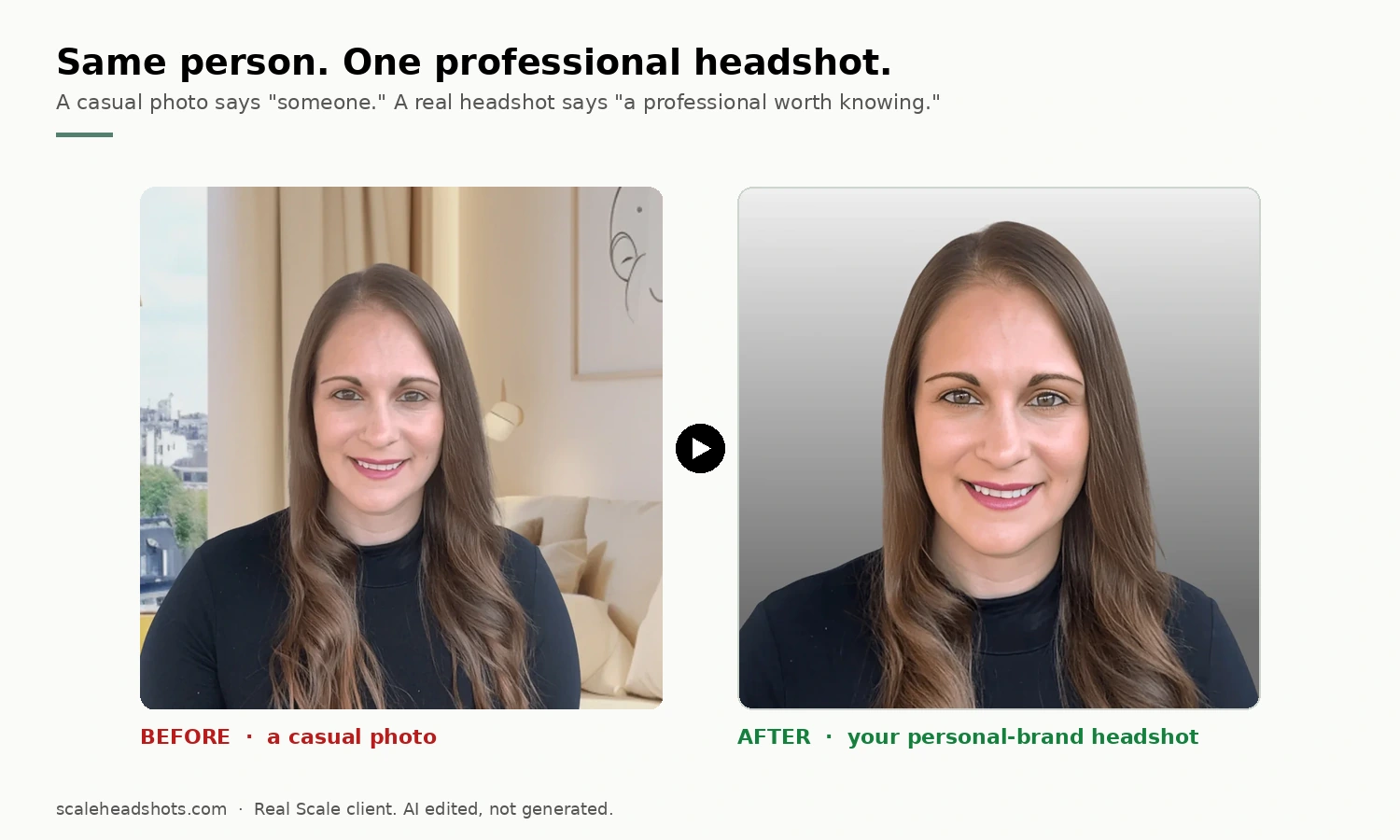 Before-and-after of a real Scale client: on the left her casual photo taken in a living room, on the right her polished professional personal-brand headshot enhanced by Scale on a clean neutral studio background, with an arrow showing the upgrade.