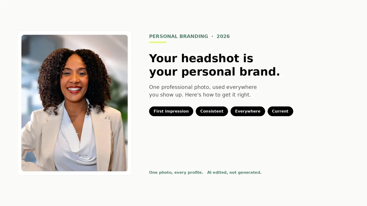 Hero image for the blog 'How to Build Your Personal Brand With a Professional Headshot' showing one polished real Scale headshot of a professional woman beside the title 'Your headshot is your personal brand,' four chips (First impression, Consistent, Everywhere, Current), and 'One photo, every profile. AI edited, not generated.'