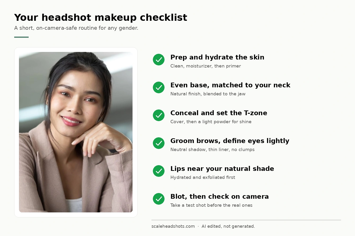 Annotated checklist titled 'Your headshot makeup checklist' showing a portrait of a professional woman beside six green checkmark items: prep and hydrate the skin, even base matched to your neck, conceal and set the T-zone, groom brows and define eyes lightly, lips near your natural shade, and blot then check on camera.