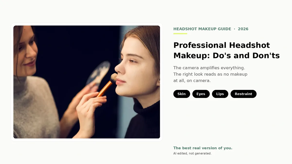 Hero image for the blog 'Professional Headshot Makeup: Do's and Don'ts' showing a makeup artist applying powder with a brush to a model's face in soft light, beside the title and four principle chips (Skin, Eyes, Lips, Restraint) and the tagline 'The best real version of you. AI edited, not generated.'