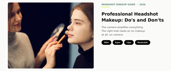Hero image for the blog 'Professional Headshot Makeup: Do's and Don'ts' showing a makeup artist applying powder with a brush to a model's face in soft light, beside the title and four principle chips (Skin, Eyes, Lips, Restraint) and the tagline 'The best real version of you. AI edited, not generated.'