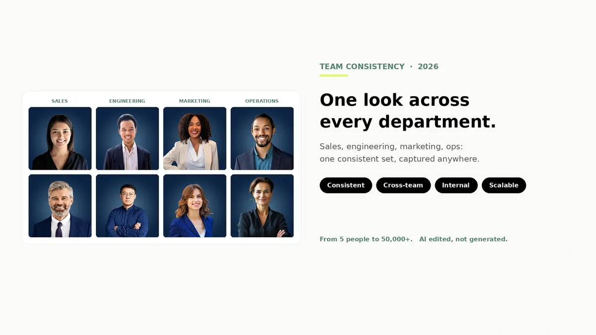 Hero image for the blog 'How to Keep Team Headshots Consistent Across Every Department' showing eight real Scale headshots grouped into four labeled columns (Sales, Engineering, Marketing, Operations), all on the same navy studio background as one consistent company set, beside the title 'One look across every department' and four chips (Consistent, Cross-team, Internal, Scalable).