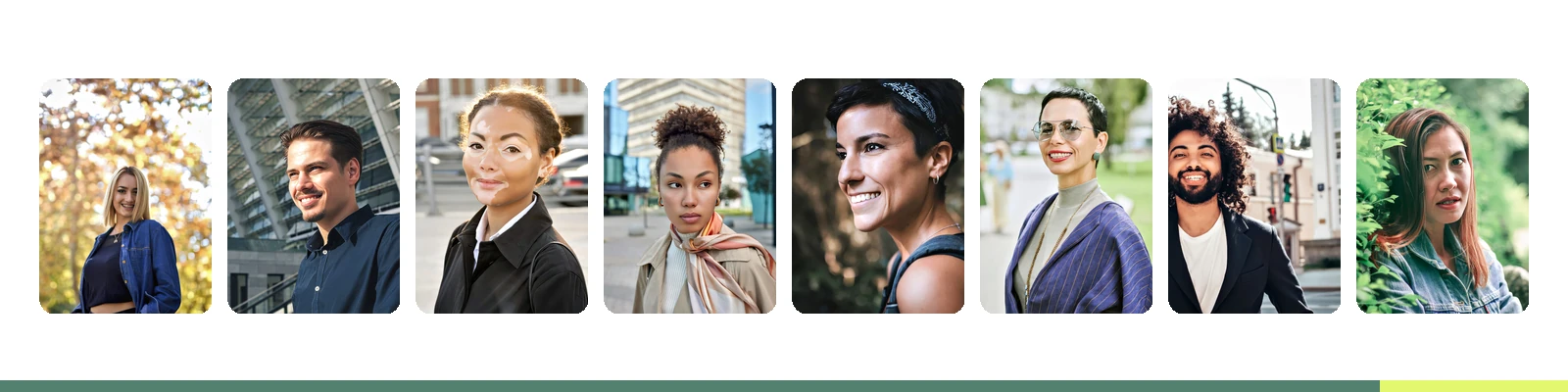Eight outdoor-aesthetic portraits in a horizontal row showing brand cohesion across varied backdrops and lighting registers