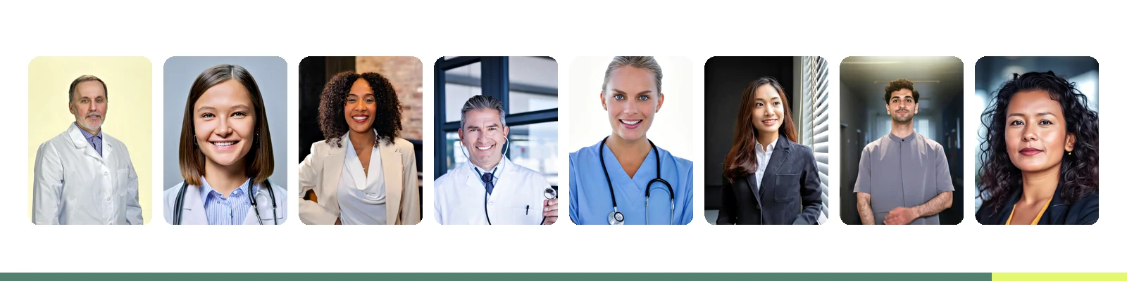 Eight medical headshots in a horizontal strip showing brand cohesion across a hospital team: physicians, nurses, residents, and admin