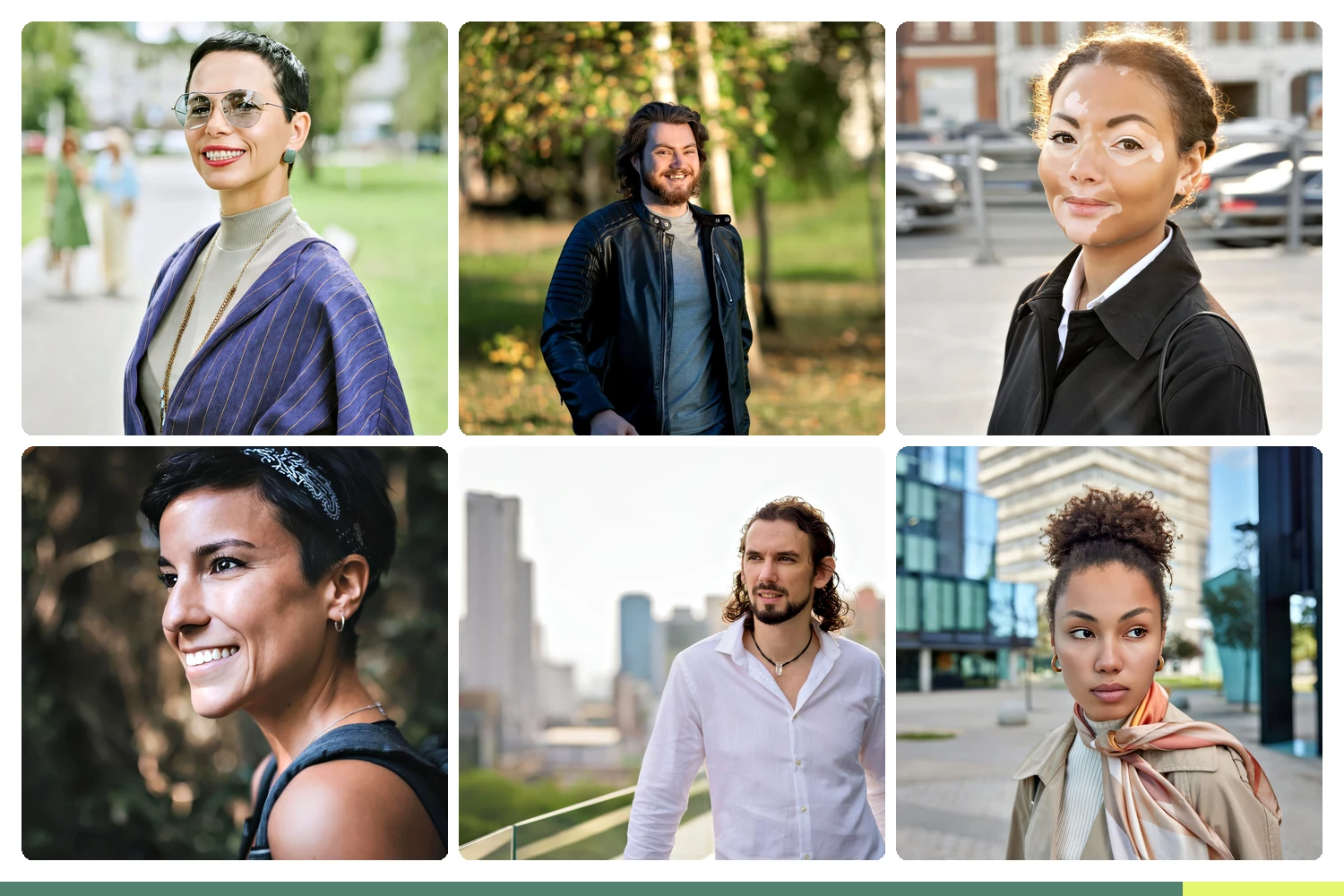Six outdoor-aesthetic professional headshots showing range across the four spectrum modes: tech founder, wellness director, AEC project lead, hospitality director, marketing director, brand lead