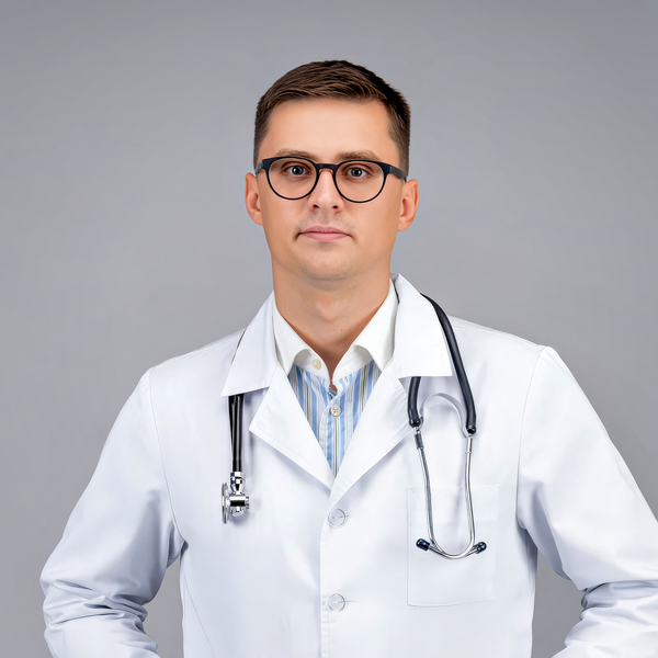 Medical headshot example: Physician with white coat, real photo enhanced by AI