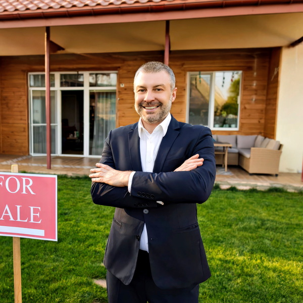 Real estate headshot example: Realtor outside home, real photo enhanced by AI