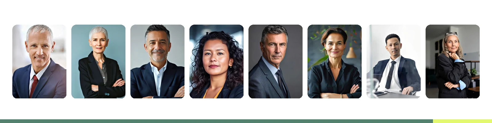 Eight executive headshots in a horizontal strip showing brand cohesion across a leadership team