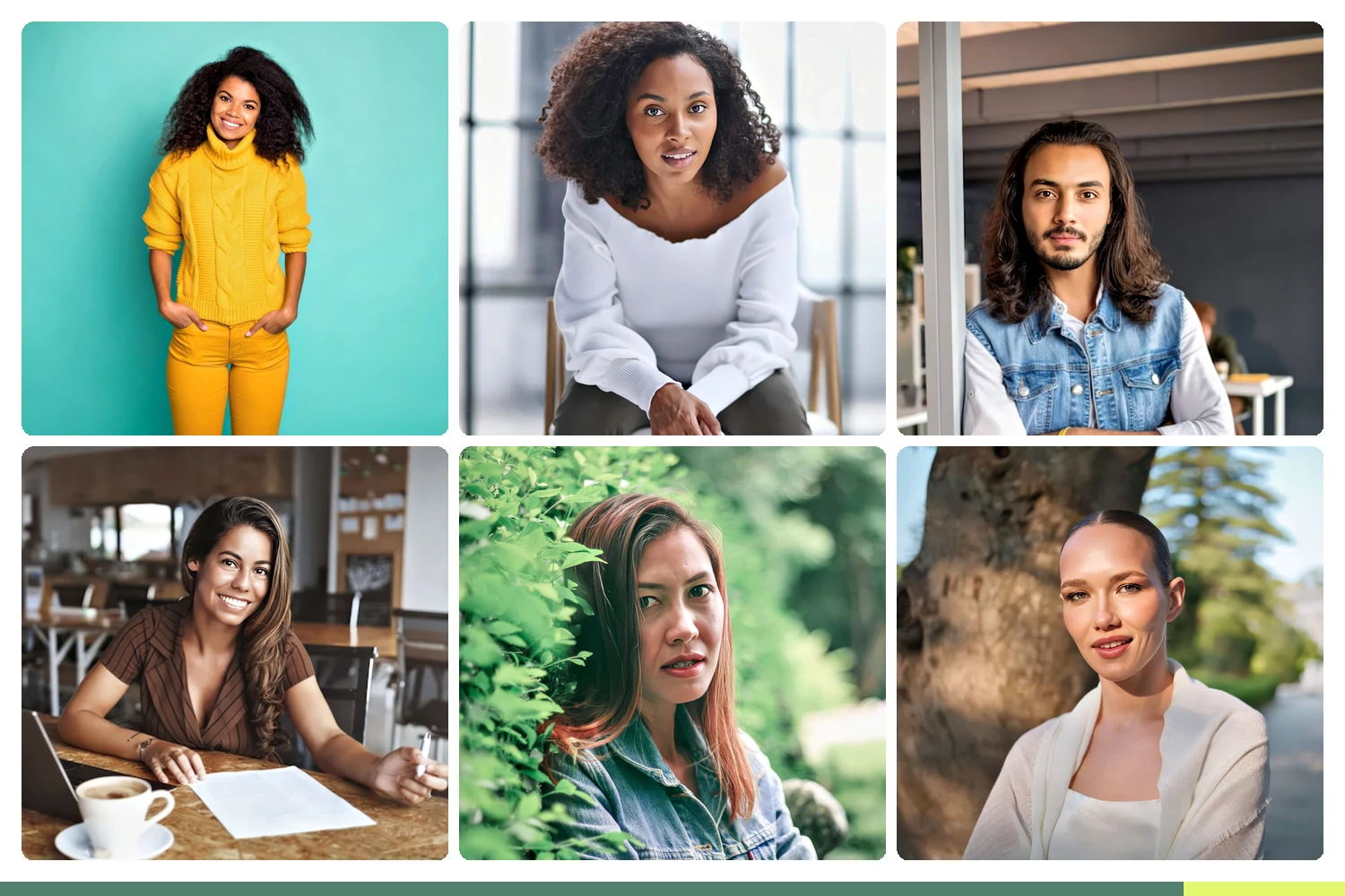 Six casual professional headshots showing range across the four spectrum modes: refined business casual, smart casual, brand-forward casual, off-site lifestyle