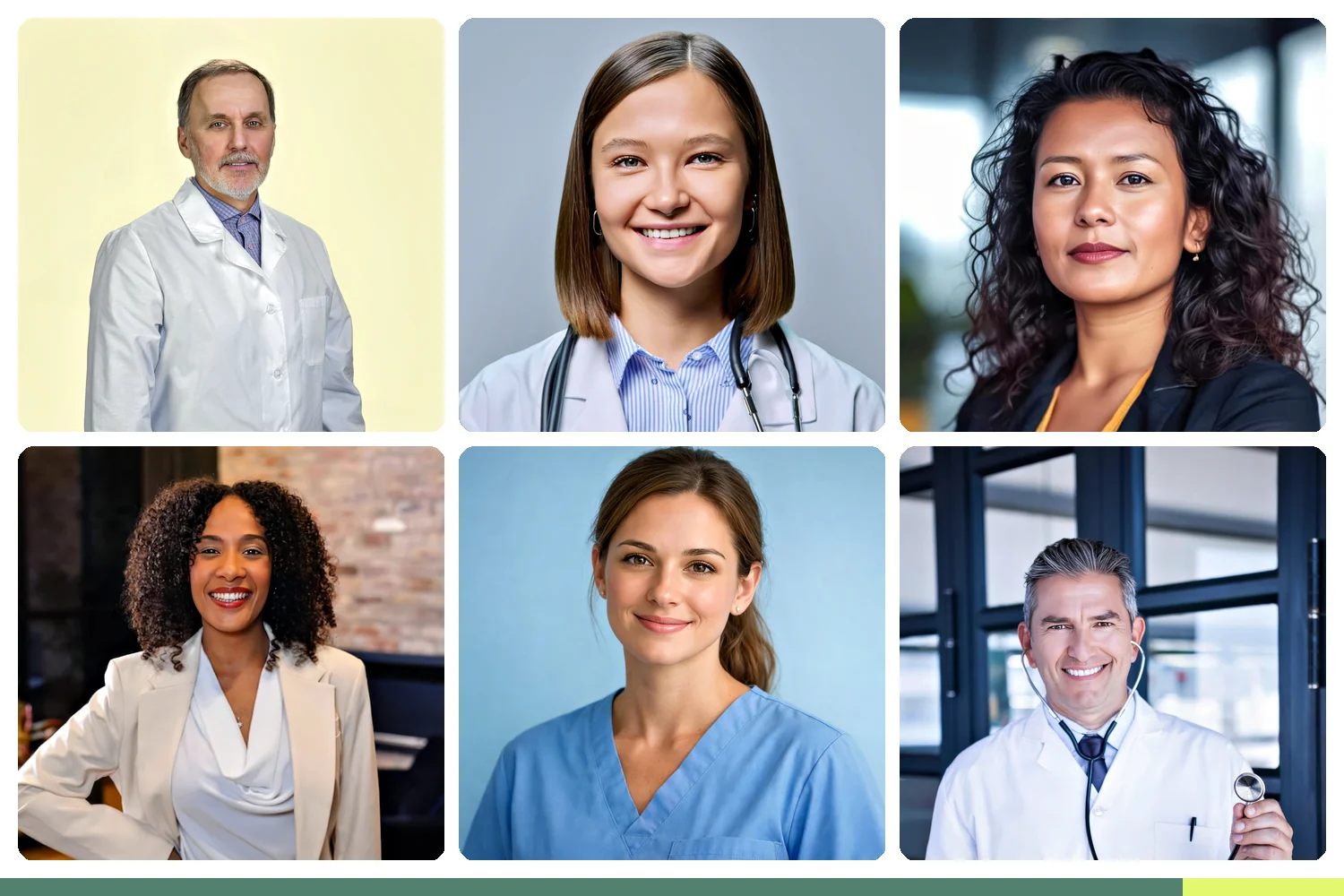 Six professional medical headshots showing variety of role and attire across a hospital staff: physicians in white coats, residents in business attire, nurses in scrubs, healthcare administrators