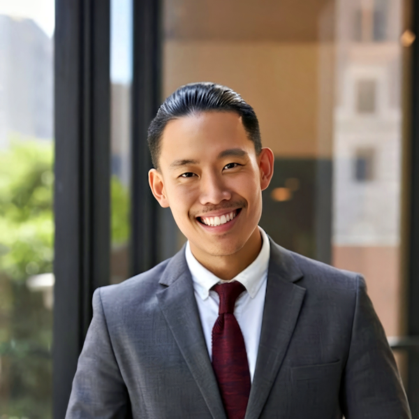 Lawyer headshot example: Asian man, real photo enhanced by AI