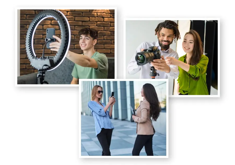 Collage showing DIY self-capture setups — ring light with smartphone, DSLR assistance, and outdoor smartphone photography