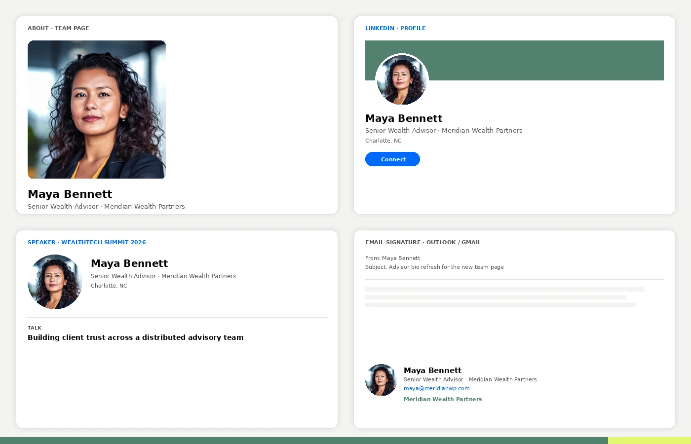 One advisor portrait used across a firm team page, a LinkedIn profile, a conference speaker card, and an email signature