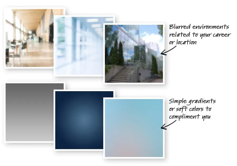Collage of blurred environments and solid gradient backgrounds for LinkedIn headshots